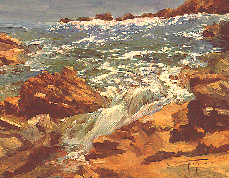 Painted on location (en plein air) this painting is an abstract marine of surf, sunlight and rocks. I stood and the bottom of this cliff in a hollow knowing it would be a little wet because I was fascinating with the dancing lights of the surf.