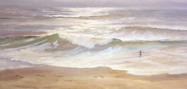 original oil painting for sale, Beach Scenes on Canvas, Morning Surf, 16x34 plein air oil by Deborah Chapin