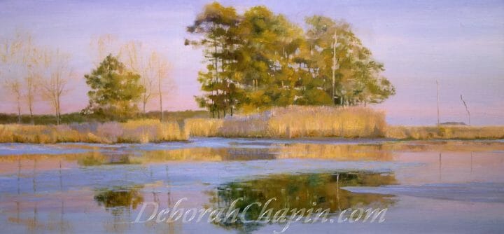 Plein air oil Painting "Indian Summer" is a Landscape Painting from Chesapeake Plein Air Series. Winner of the inaugural Paint America Competition. A Plein air oil Painting painted on stretched linen canvas from the wetland series painting from the Chesapeake Bay.  Capturing this area at its prime. It is unfortunate that the climate change and salinity change of the bay is killing off the wetlands.  "I painted this piece on location as a series of Chesapeake wetland pieces to decide the perfect location and the perfect time to paint.