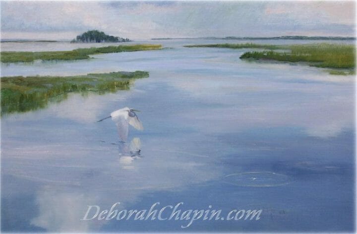 This Landscape painting, Touching the Clouds, 16x24 original oil painting on linen canvas. The Egret flying over the water just skims the mirror of the sky creating concentric rings rippling through the water. Wetland painting from Blackwater Wildlife reserve not in decline because of sea level rise. This piece shows the harmony between the wildlife and the environment."
