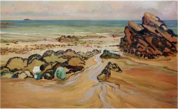 This is an original beach painting which was painted on location in Brittany. I focused on the fresh water run offs in my beach painting.  Kids were everywhere so I just returned when they were about and added to the scene.  This piece was exhibited in a one-person exhibition at the National Arts Club in New York.  