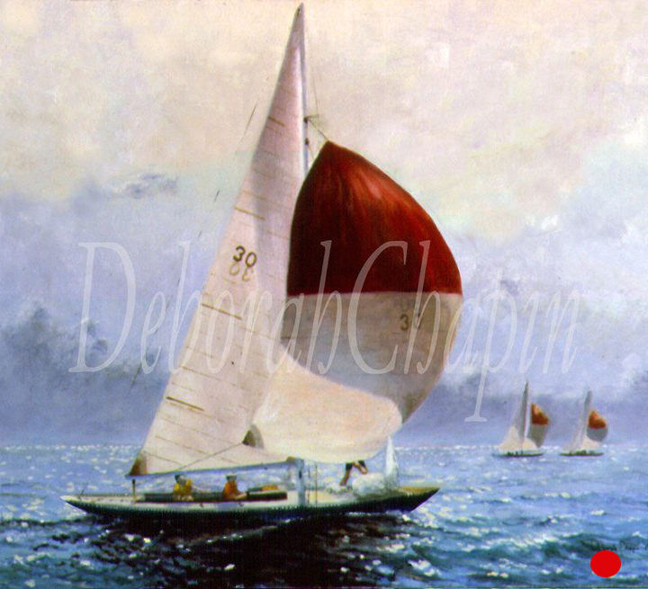 "Part of the One-Design Racing Series. Exhibited at Grand Central Gallery in New York in individual exhibition Clear Air and Snug Harbors. This yacht was an international One Design. During the war the construction jigs were buried to protect them during the Nazi occupation."