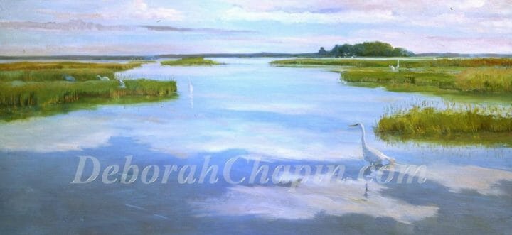 Painted on the Eastern Shore of Maryland as part of a Wetland Series of pieces involving 500 pieces of art during a 7 year period, most of which have been sold. ” In all the years that I’ve been painting the Wetlands and environs the characteristic I enjoy most is the reflecting sky. Somehow with calm winds a peace settles and the wildlife revel in the environment.