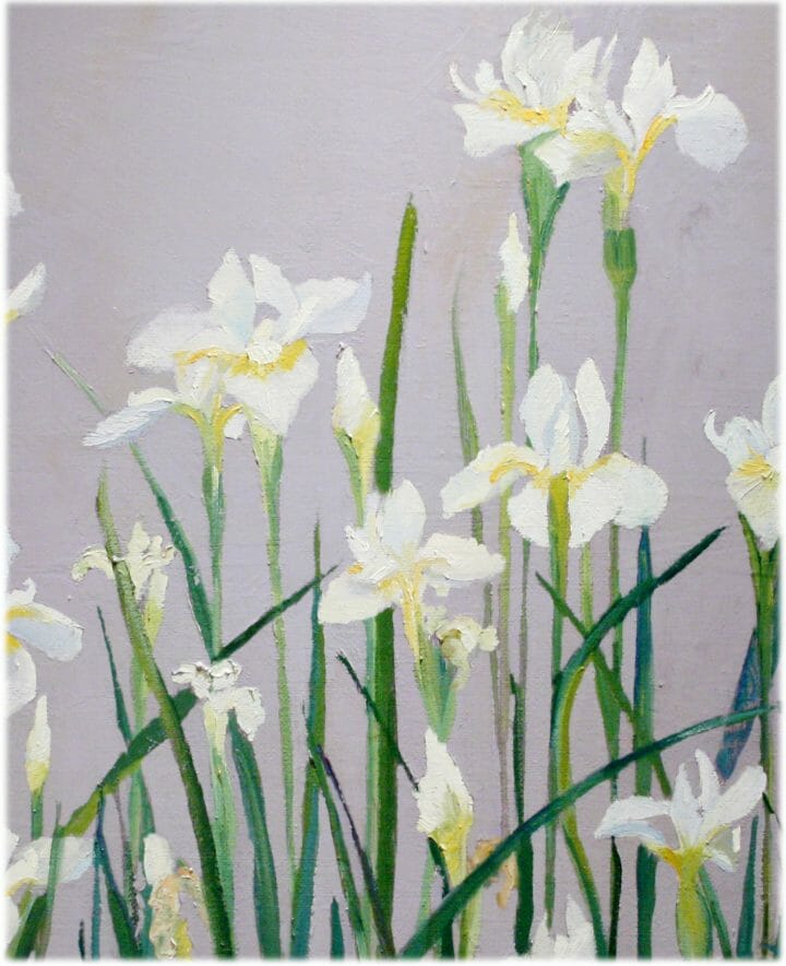 painting auction, Japanese White Irises, 16x24 plein air oil, Deborah Chapin