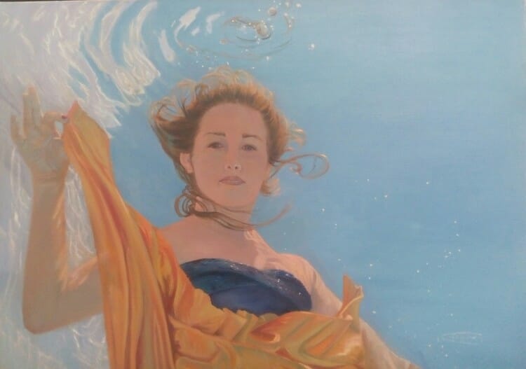 Underwater Portrait Art, WIP "Sky's the Limit" 24X36 oil on linen by Deborah Chapin