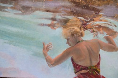 Women In Art, Contemporary Realism, underwater figurative painting, detail, "Holding up the Sky", by Deborah Chapin