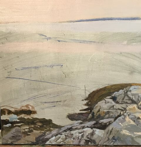 Stage 2 Pemaquid Point, Evening Fall 15x15 oil on linen by Deborah Chapin in progress photo. #visitmaine #maineisgorgeous #themainemag #visitmaine #mynewengland #mainething #moonlightpainting #maineart #maineartist #marinepainting #pemaquidpoint #mainlighthouse #deborahchapin