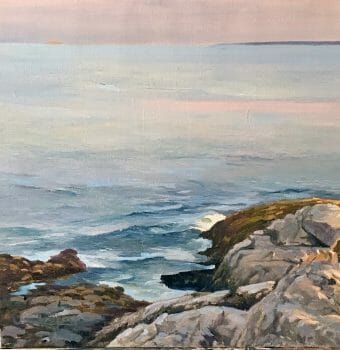 Pemaquid Point at Low Tide, 15x15 oil on linen, by Deborah Chapin, Maine art, Pemaquid Point Rocks, Seascape Painting, marine art, marine artist