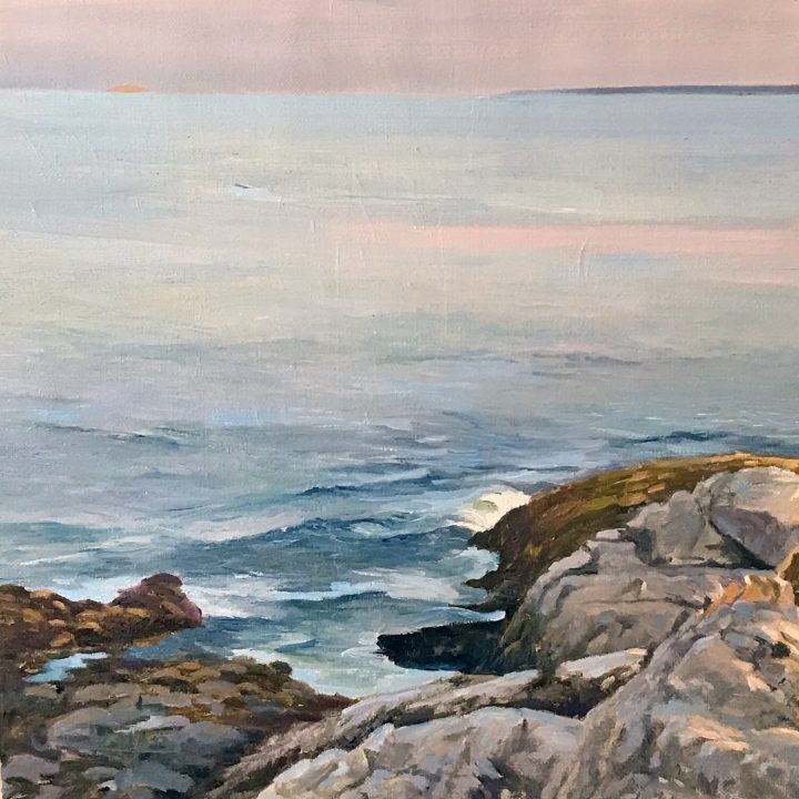 Pemaquid Point at Low Tide, 15x15 oil on linen, by Deborah Chapin, Maine art, Pemaquid Point Rocks, Seascape Painting, marine art, marine artist
