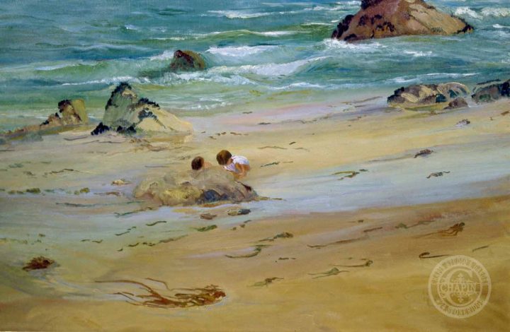 Beach Sand Painting, Sand Castles 21x34 plein air oil by Deborah Chapin