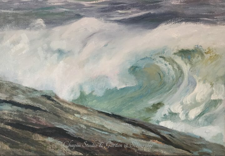 White Horses of the Sea I, oil on linen canvas is part of the #chapinstormpaintings by woman marine artist Deborah Chapin. This depicts the white horses written about by Byron and other poets. An English lore