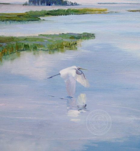 This Landscape painting, Touching the Clouds, is a 16x24 original oil painting on stretched linen canvas.   The Egret flying over the water just skims the mirror of the sky creating concentric rings rippling through the water. 