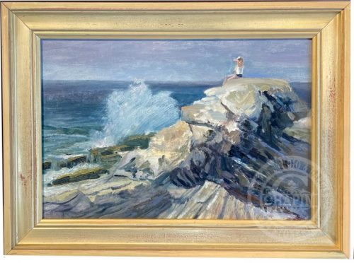 Surf Watcher, plein air oil painting by Deborah Chapin, Pemaquid Point Maine, Midcoast Maine Art, Wave Art, Marine Art