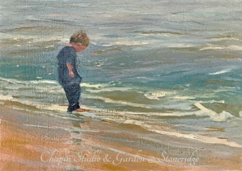 Seascape Painting - Wet Tootsies, Deborah Chapin Artist from Acadia Maine. Plein air painting. Woman Marine Artist