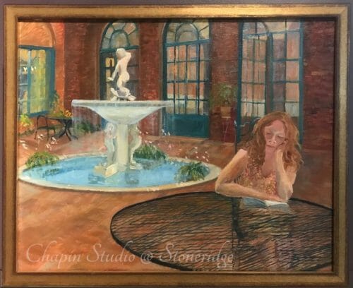 Woman Artist Deborah Chapin, oil painting Girl Reading in a Courtyard. Plein air Painting of a Girl Reading in a Courtyard at Three Arts Club Chicago.