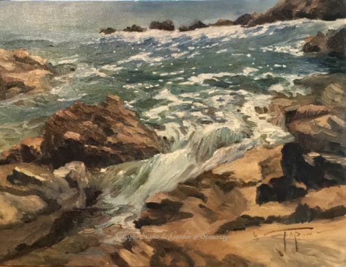 Marine Artist - Coastal Au Soleil by Deborah Chapin. Painted plein air (on location) the sunlit wash of tide and rocks by Deborah Chapin