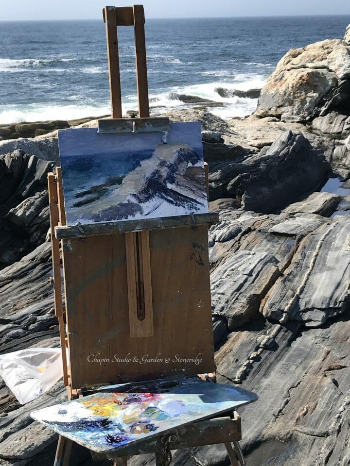 Progress Shot 1 Pemaquid Point Surf Watcher by Marine Artist Deborah Chapin