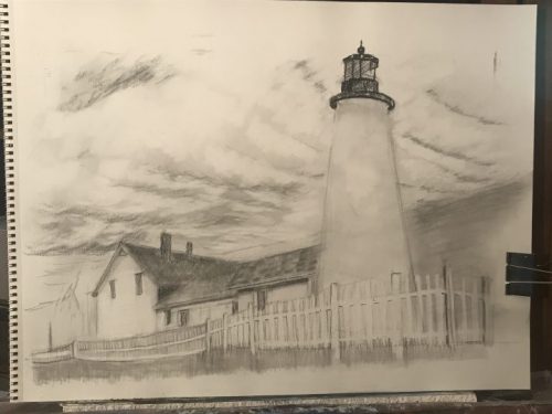 Pemaquid Point Lighthouse, Pemaquid Pilot Charcoal by Deborah Chapin in progress drawing