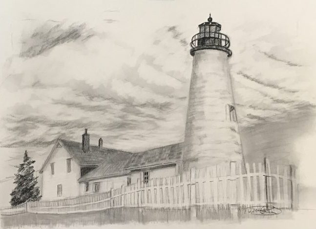 Pemaquid Point Lighthouse , Charcoal Drawing, Original, “Pemaquid Pilot” by Deborah Chapin