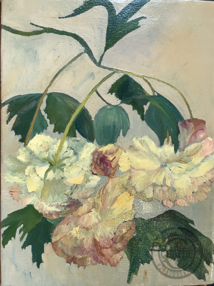 Floral oil painting, peonies, pink cream, by Deborah Chapin