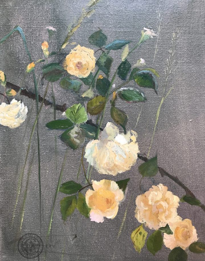 plein air floral painting Baudy Garden, Roses, Apricot and Pink floral oil painting, by Deborah Chapin