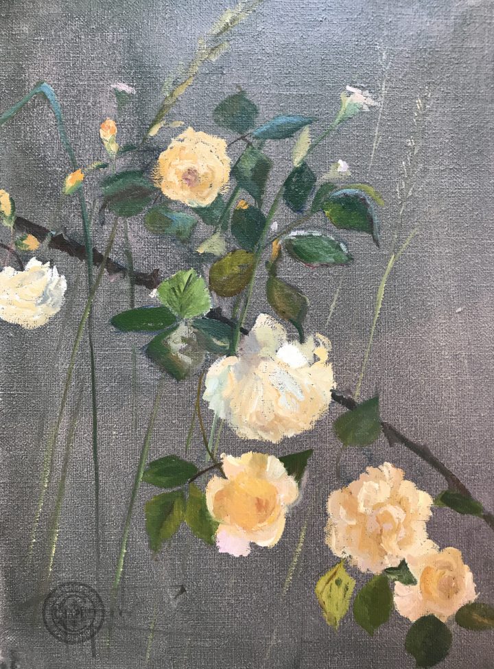 Plein Air floral painting Baudy Garden, Roses, Apricot and Pink floral oil painting, by Deborah Chapin