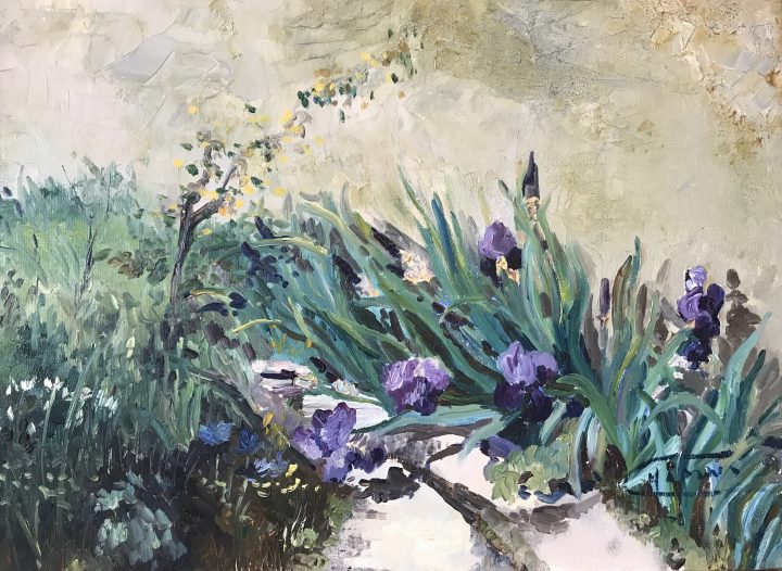 Monique Irises, plein air floral art, original by Deborah Chapin.   Purple Iris floral oil painting, painted in La Roche Guyon. 