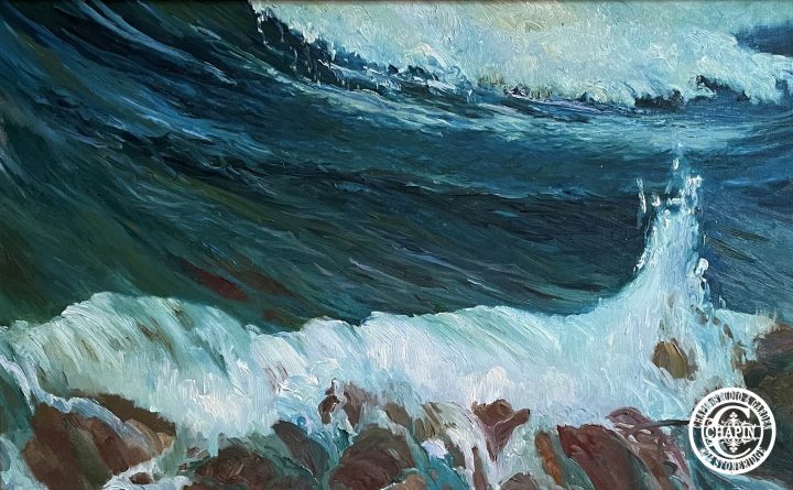 Wave Painting Seascape, Les Roches & Les Vagues original plein air oil painting by Deborah Chapin, shown @ Smithsonian American Art Museum