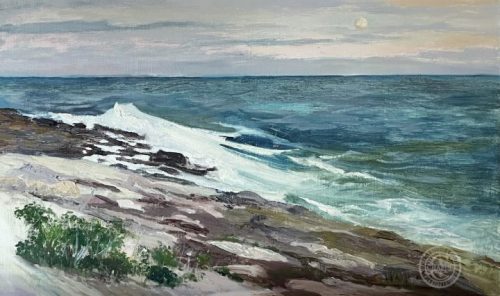 Surf Painting, Pemaquid Moon, 12x20 plein air oil painting by Deborah Chapin.  I was painting en plein air on a very windy spring evening off of Pemaquid Point. Because of the cloud cover I didn't expect to see the moon but then suddenly it was there.