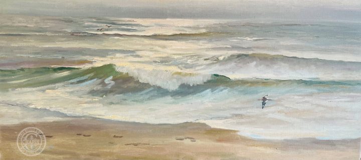 original oil painting for sale, Beach Scenes on Canvas, Morning Surf, 16x34 plein air oil by Deborah Chapin