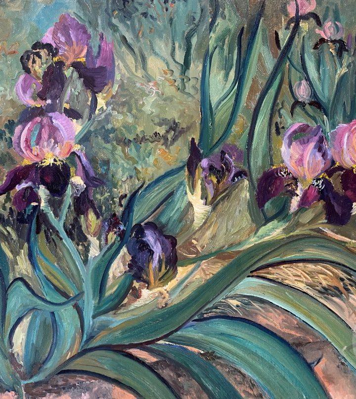 This floral art piece is an original oil painting depicting an iris, 22x30 plein air oil. The flower painting, is red and dark garnet color iris. https://gallery.deborahchapin.com