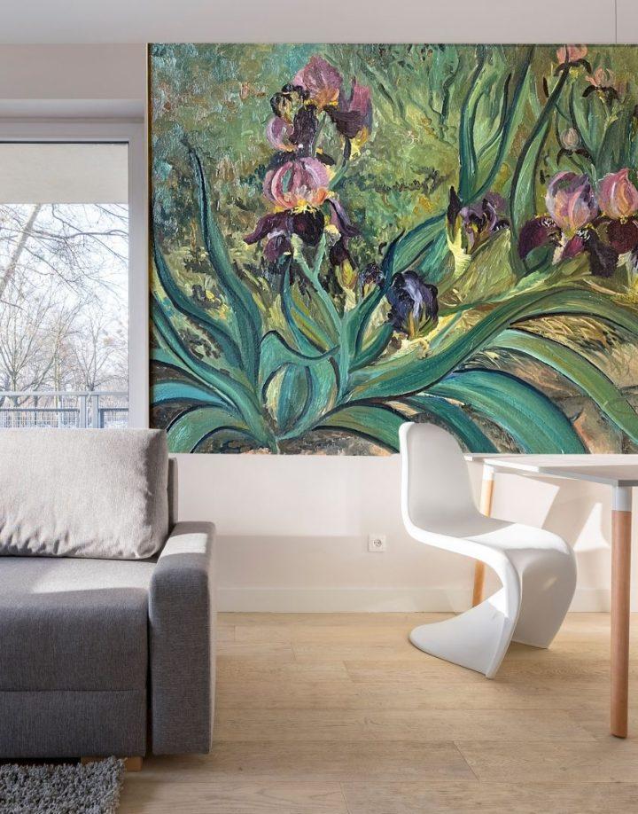 Floral Mural , XL Sized Prints or Wall Covering For Your Home, Office or Lobby. Stretched Archival Canvas in Pigment Inks for 10% of cost an Original Piece. Red Velvet Irises is an original plein air oil painting converted into a Floral Mural size canvas.