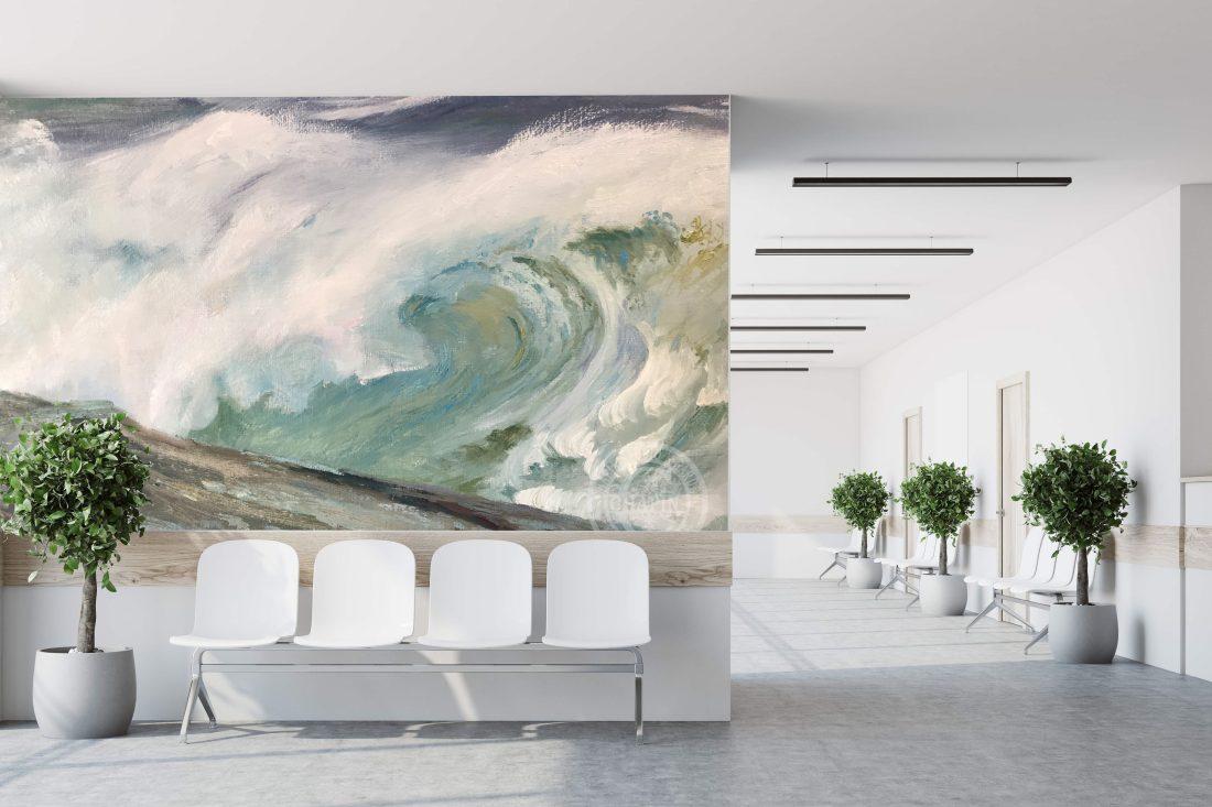 Professional Mural, XL Sized Prints or Wall Covering For Your Home, Office or Lobby. Stretched Archival Canvas in Pigment Inks for 10% of cost an Original Piece. White Horses of the Sea 1 an original plein air oil painting converted into a mural size canvas stretched on 2" stretcher bars and gallery wrapped with either a black or white canvas edge.