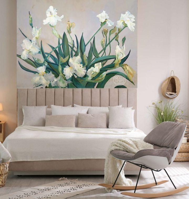 Mural Wall Art, Large Format Mural Wall Art Prints, White Irises by Deborah Chapin Professional Mural Wall Art , XL Sized Prints or Wall Covering For Your Home, Office or Lobby. Stretched Archival Canvas in Pigment Inks for 10% of cost an Original Piece. White Irises is an original plein air oil painting converted into a Mural Wall Art size canvas.
