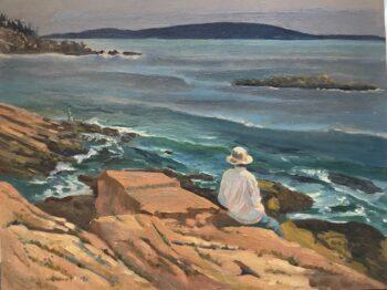 Maine oil painting for which my mother sat called Waiting for the Tide. Painted in Arcadia National Park and in Arts for the Park museum touring exhibits