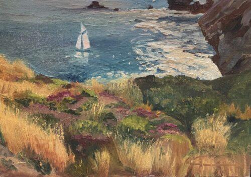 coastal seascape painting done on a bluff and is a plein air painting. The bluff was particular beautiful of the breyers (The French word for Heather)