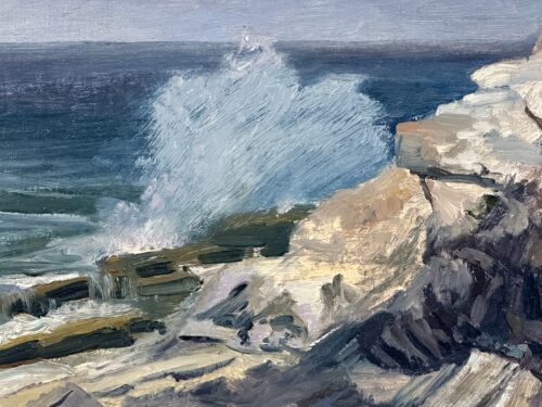 Plein air painting Perched on a Rock - Pemaquid Point by Deborah Chapin Seascape painting by Woman Marine Artist Deborah Chapin, Surf Watcher, Midcoast Maine Art, Pemaquid Point Maine.